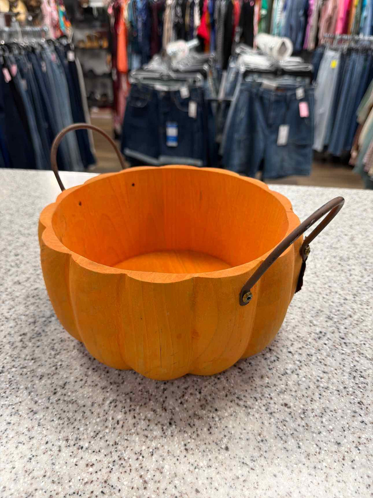 Wood Painted Pumpkin Basket Metal Handles Leaves Household
