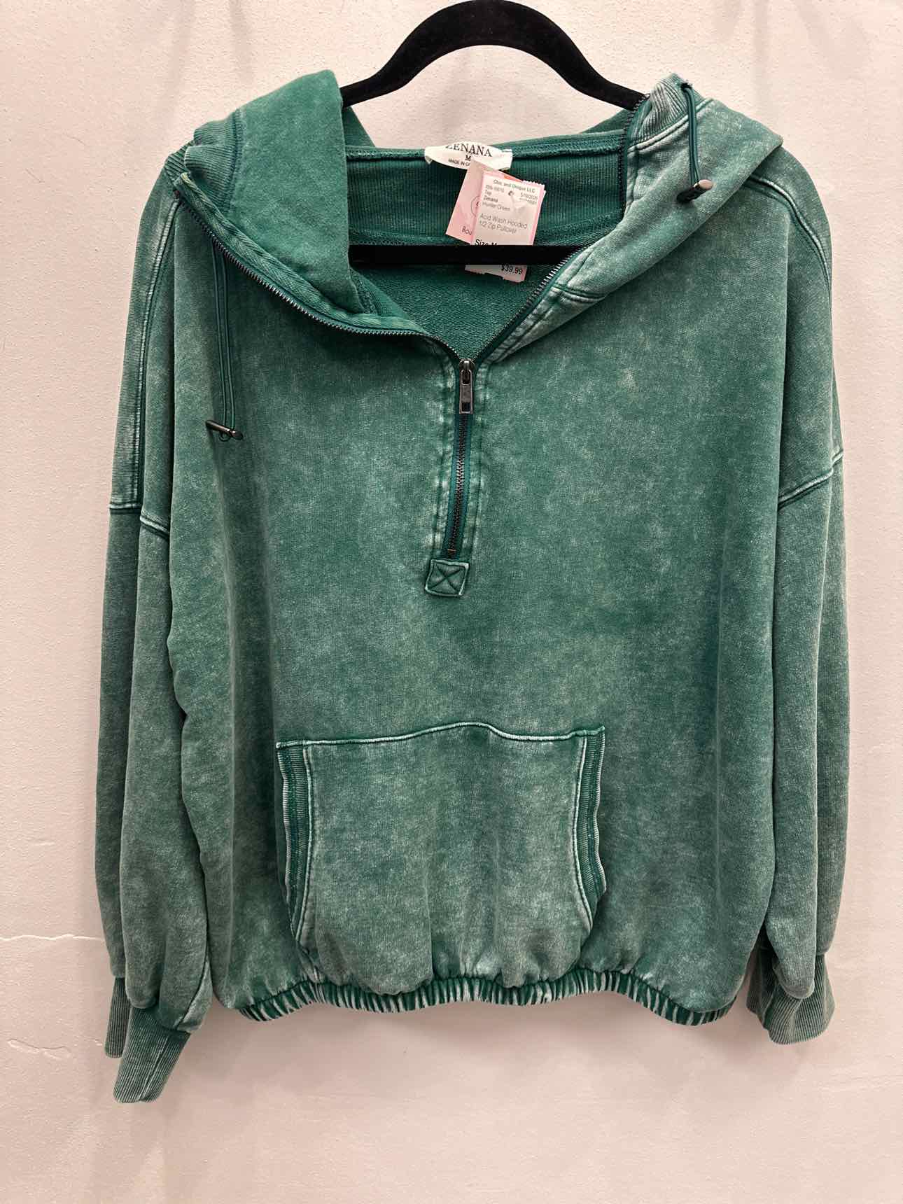 Acid Wash Hooded 1/2 Zip Pullover Size Medium Hunter Green Top