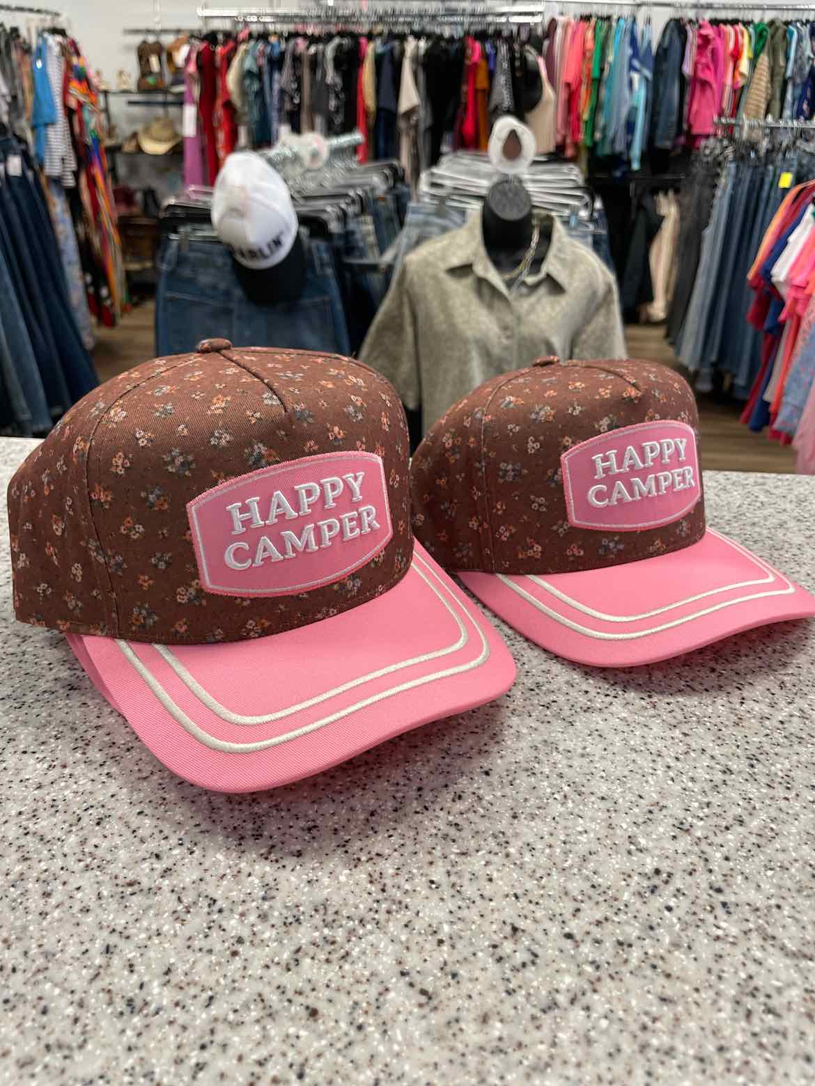 Happy Camper Embroidered Stitching Floral or Dotted Print Trucker Hat