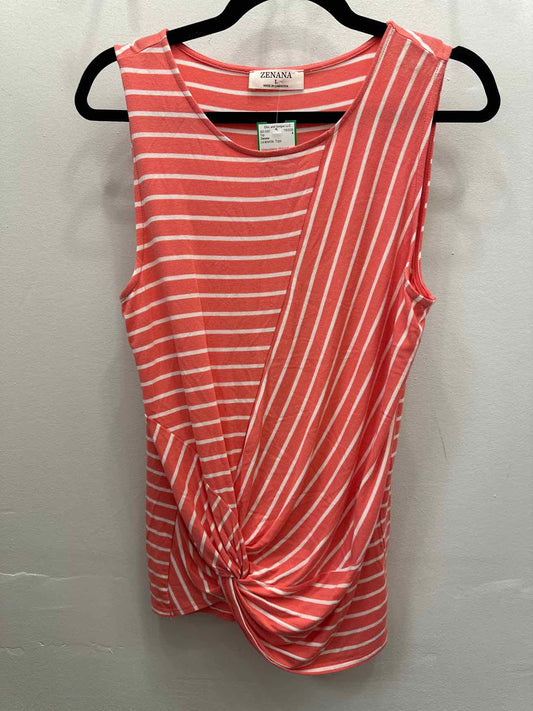 Zenana Size Large Salmon and White Sleeveless Striped Twist Front Knit Tank Top