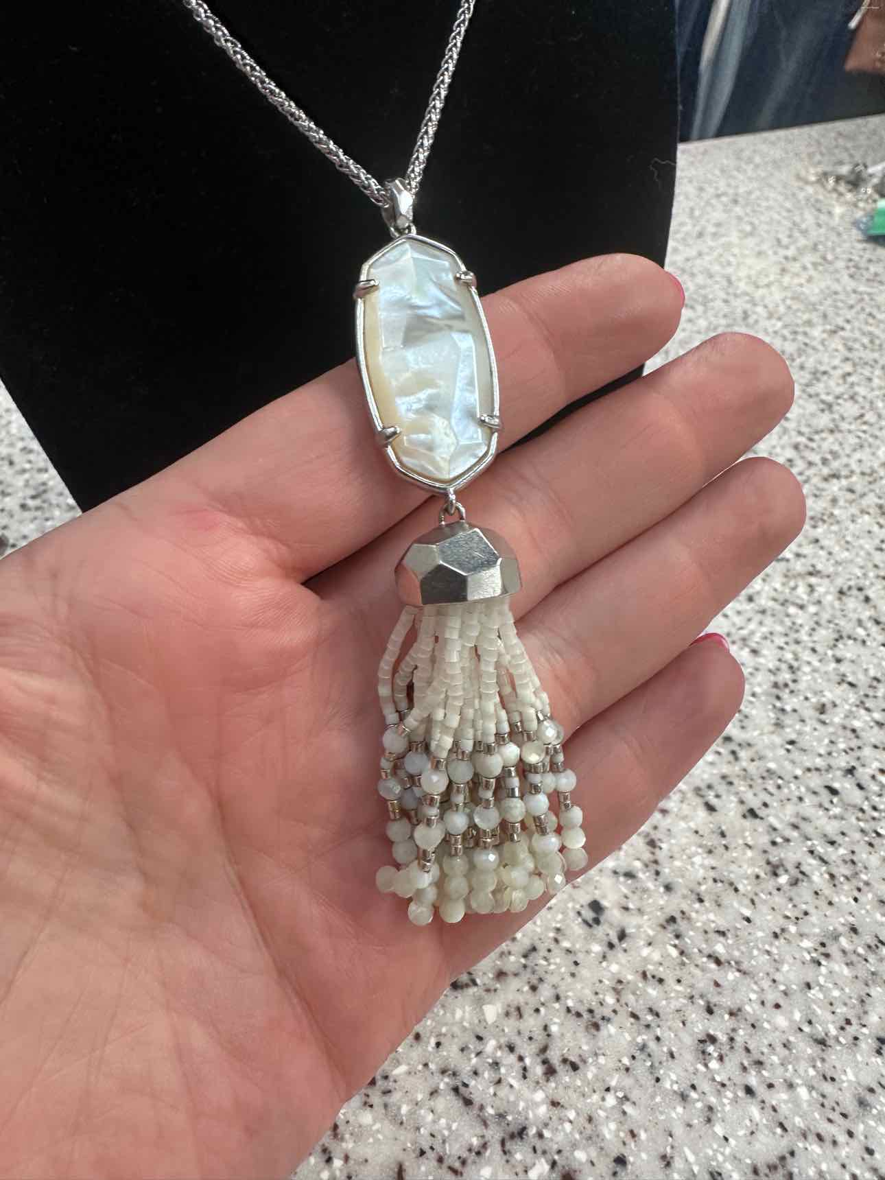 Kendra Scott Eva Long Oval Pendant Beaded Tassel Silver-Tone Ivory Necklace