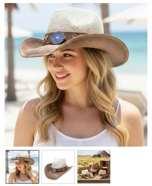 Two Tone Straw Cowboy Hat With Floral Band & Concho