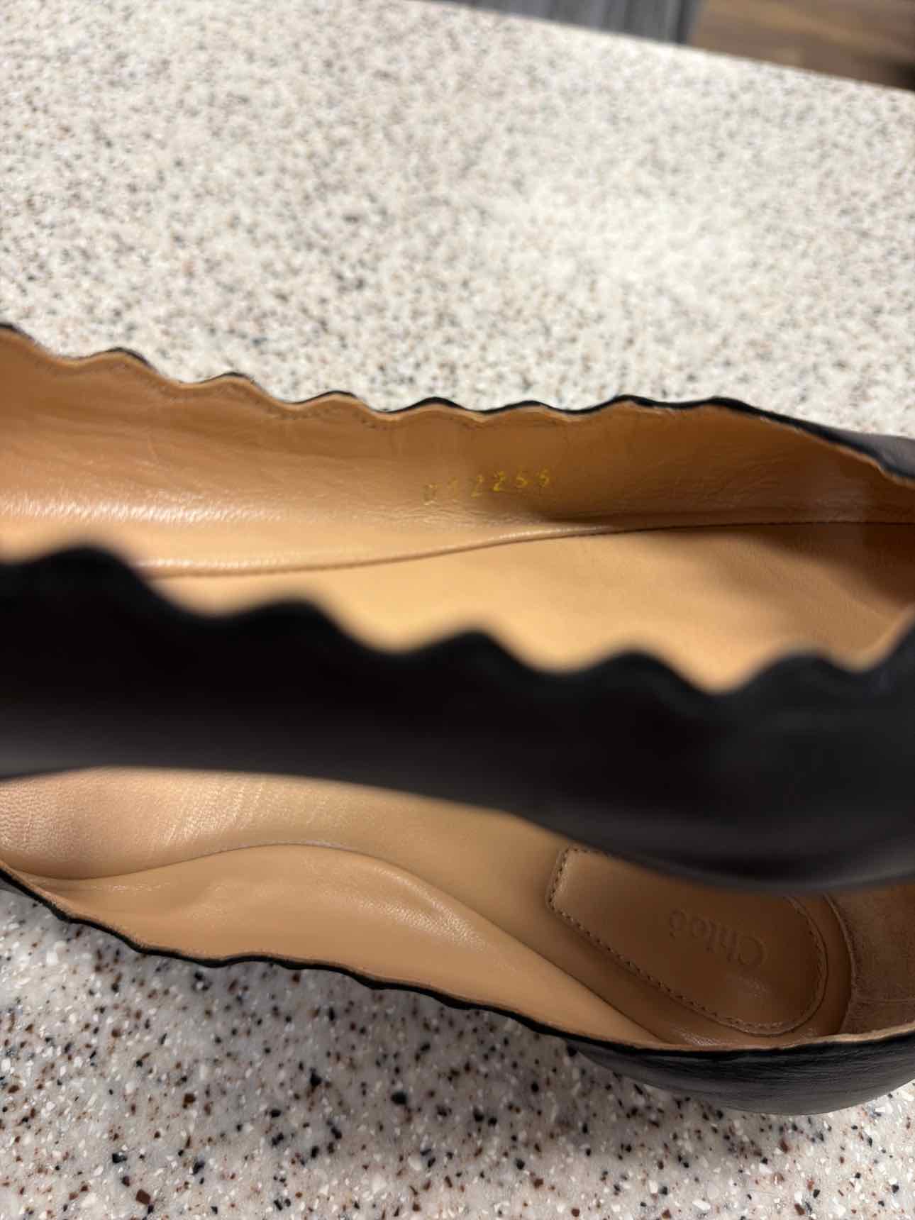 Chloe Size 37 1/2 Lauren Scalloped Leather Ballet Flats Black Shoes