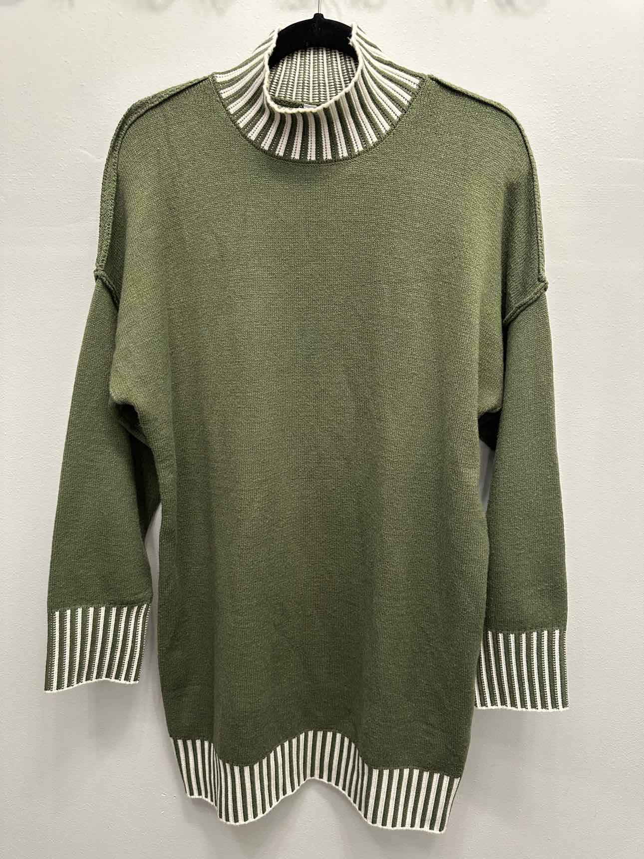 epretty NEW NWT Stripe Lined Mock Neck Size Medium Olive/White Sweater Dress