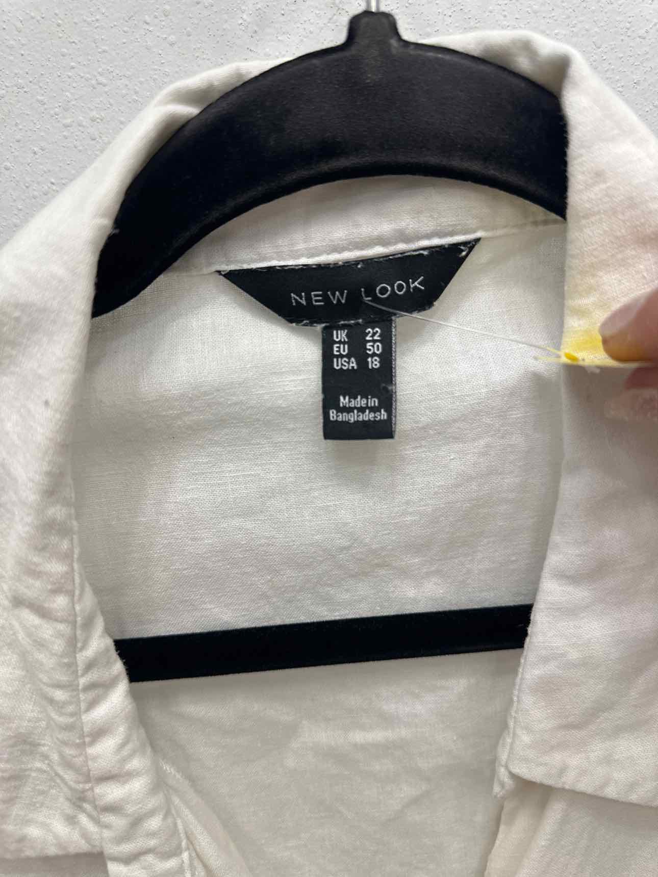 New Look Size 18 White Linen Blend Tie Front Short Sleeve Top