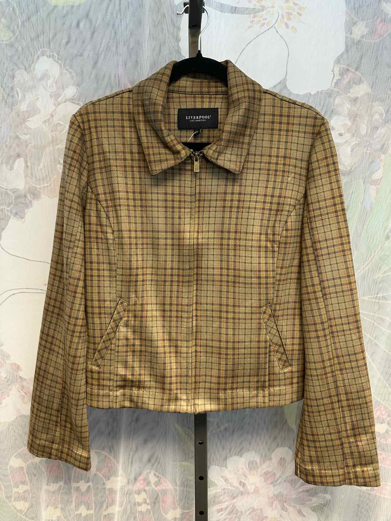 Liverpool Medium Brown Plaid Lightweight Zip Up Cropped Jacket