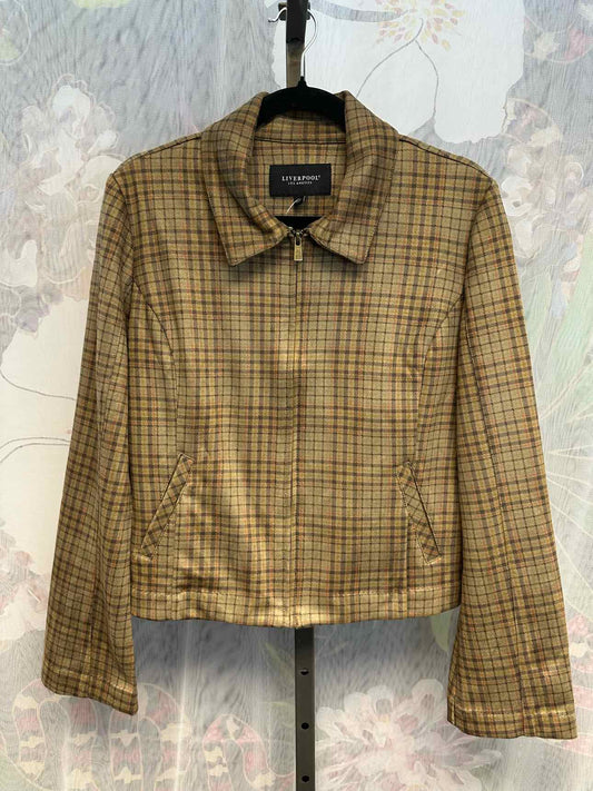 Liverpool Medium Brown Plaid Lightweight Zip Up Cropped Jacket