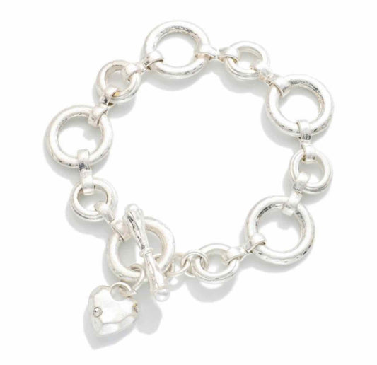 Matte Hammered Metal Hoops Chain Link Bracelet Silver-Tone Toggle Bracelet