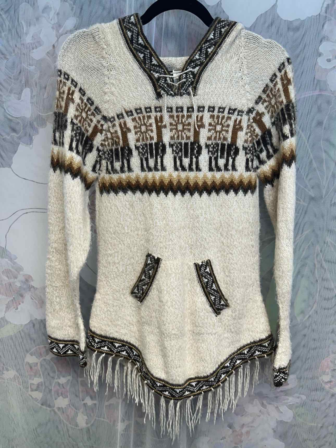 Incas Andes 100% Alpaca Wool Embroidered Fringe Medium Tan/Brown Pullover Hoodie
