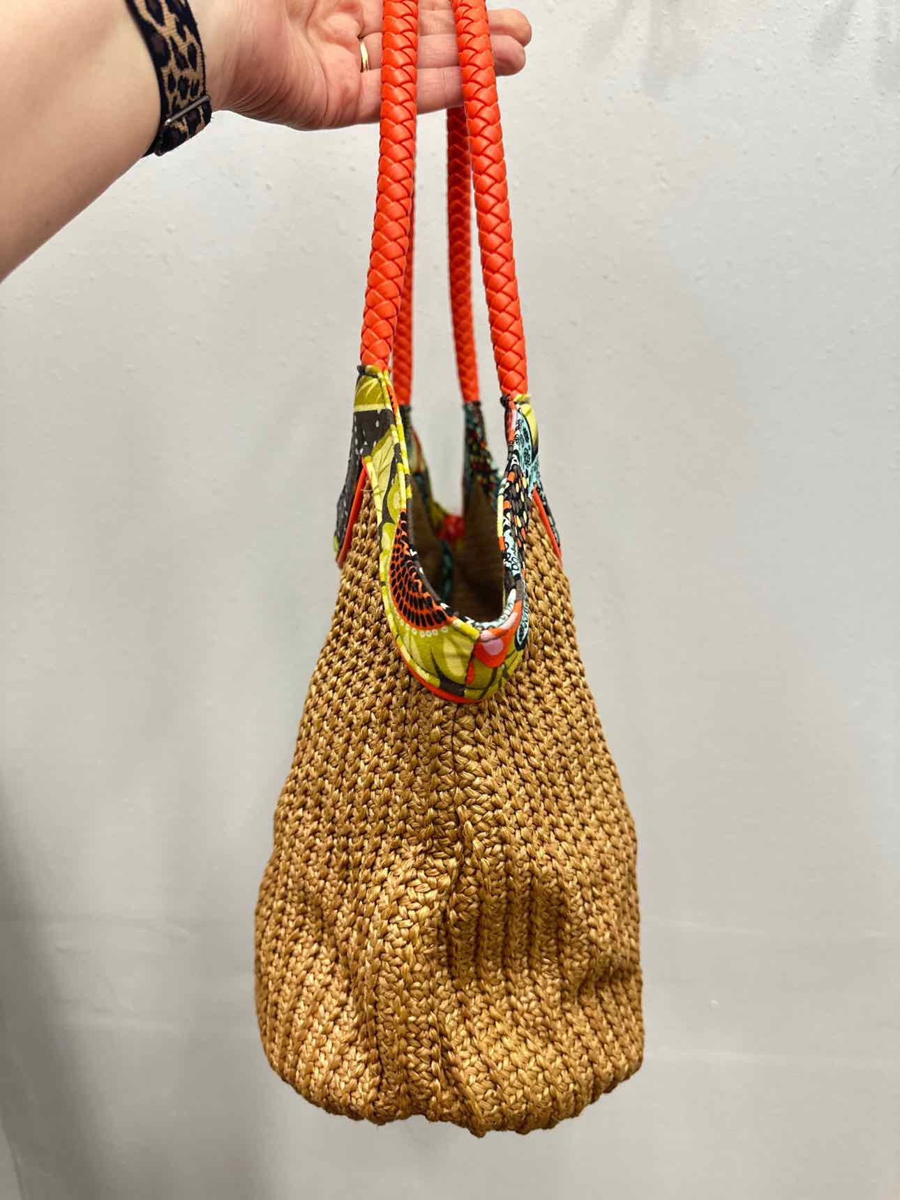 Vera Bradley Straw Bucket Tote Floral Pattern Brown and Orange Trim Handbag