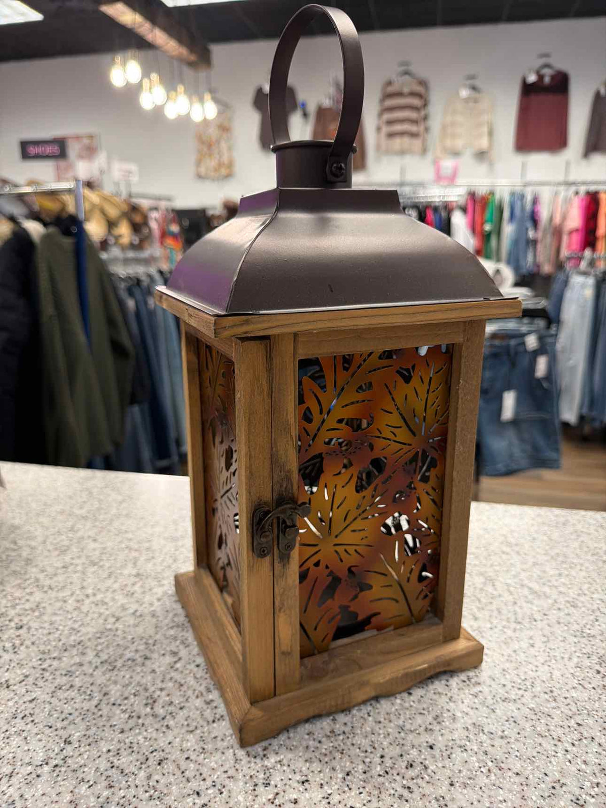 Acorns and Fall Leaves Metal and Wood Lantern Candle Holder Household