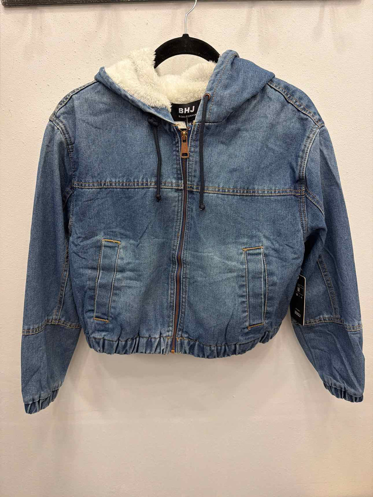 BHJ California Cropped Hooded Sherpa Lined Zip Up Denim Coat