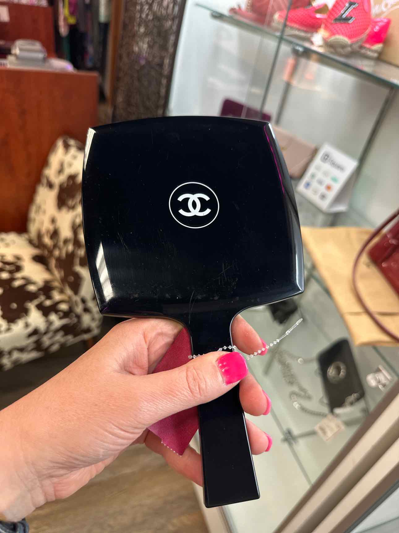 Chanel Black Handheld Mirror and Velvet Storage Bag Miroir Facettes
