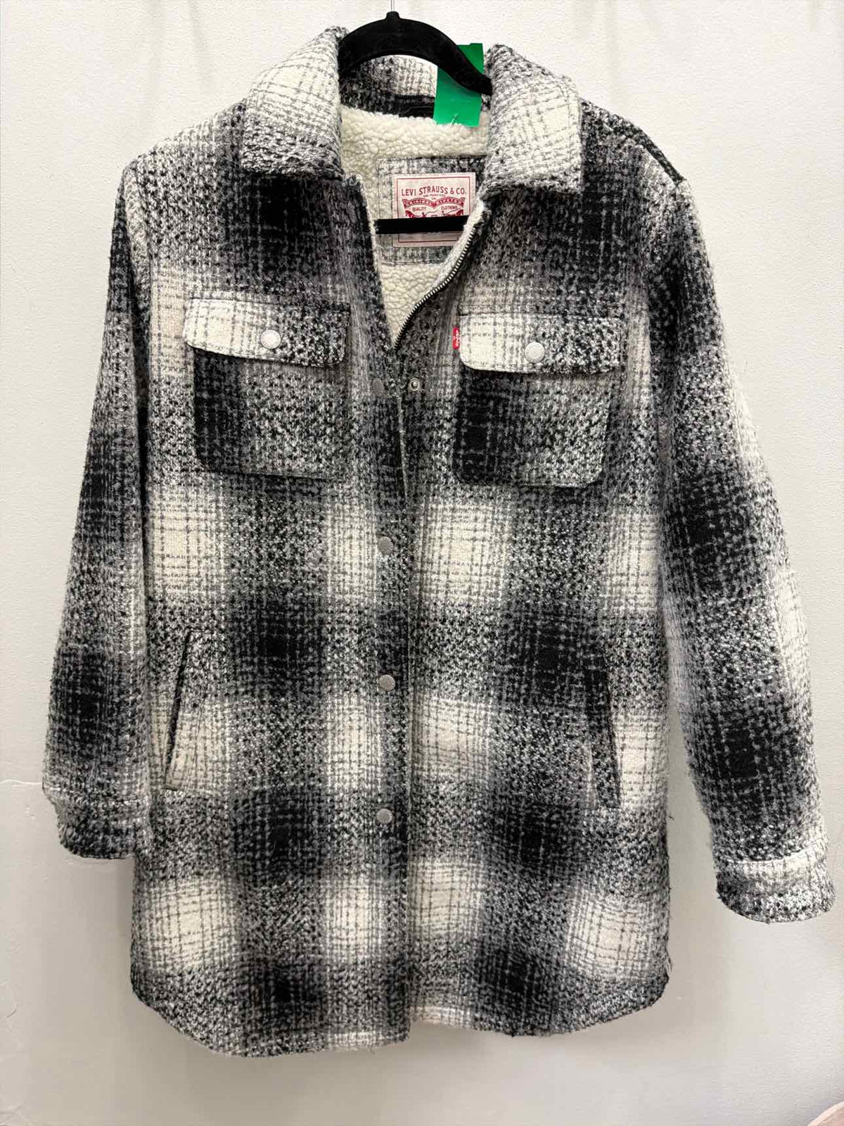 Levi's Size Small Black White Plaid Faux Shearling Lined Long Shirt Jacket Coat