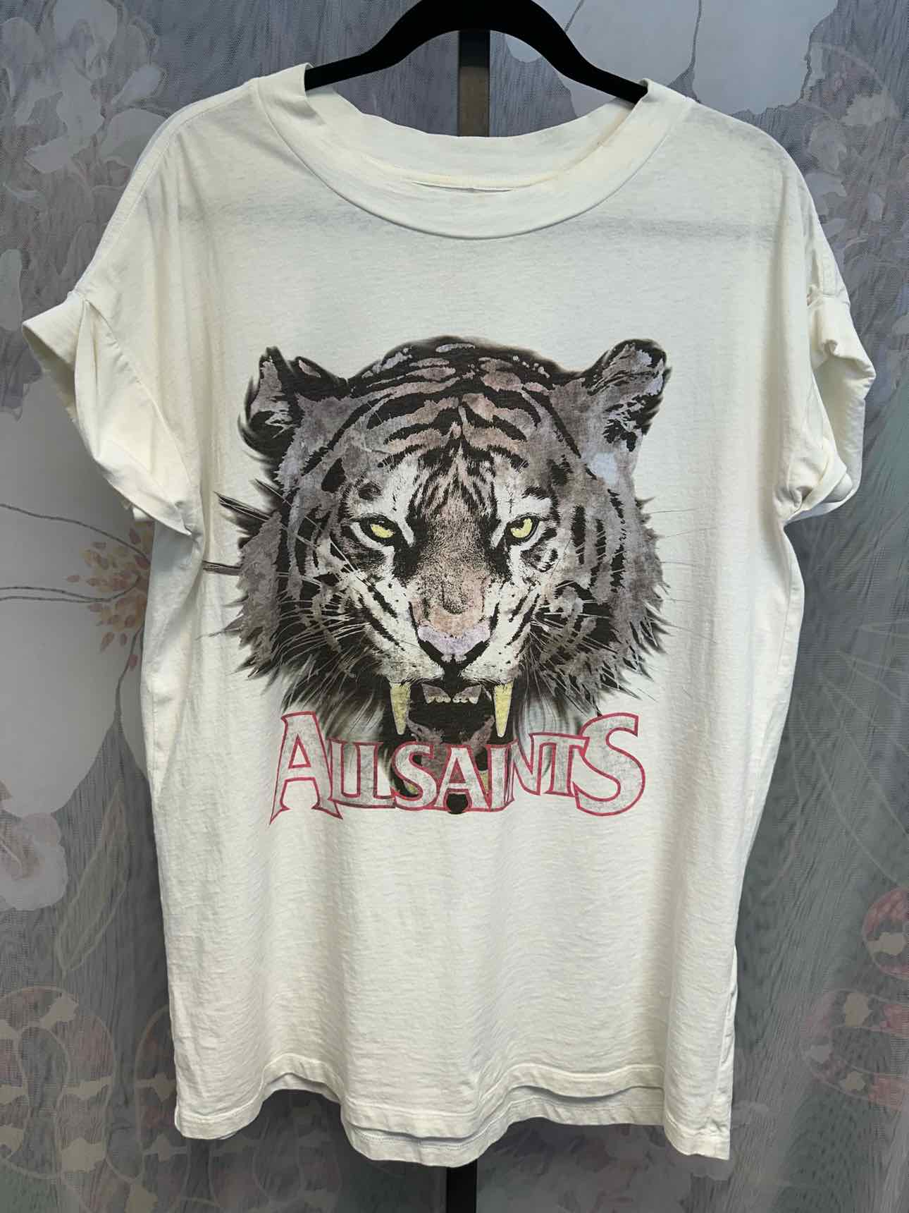 All Saints M/L White Tiger Graphic Short Sleeve Tee Cuffed Sleeves