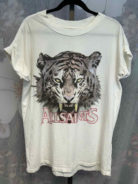 All Saints M/L White Tiger Graphic Short Sleeve Tee Cuffed Sleeves
