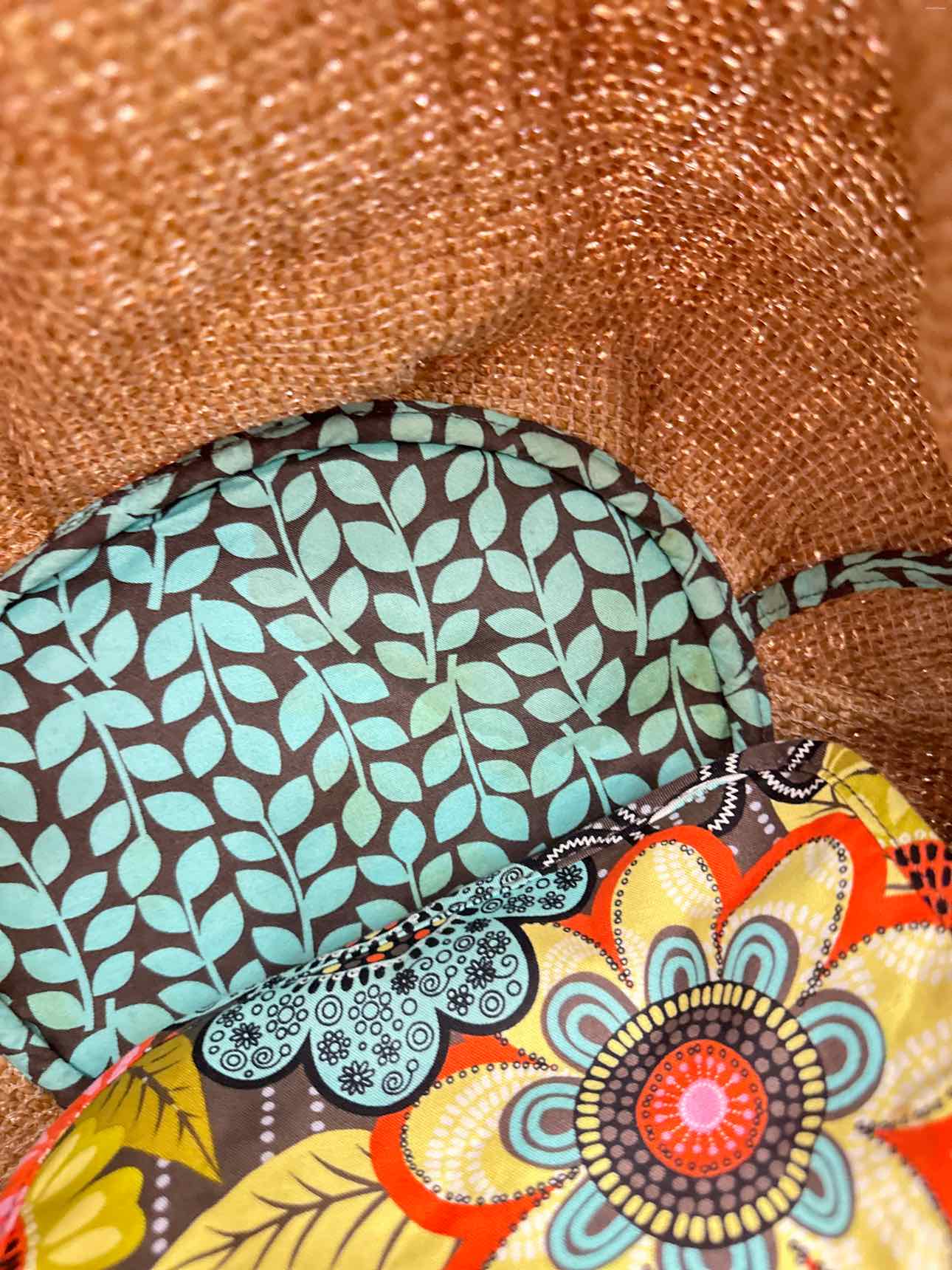 Vera Bradley Straw Bucket Tote Floral Pattern Brown and Orange Trim Handbag