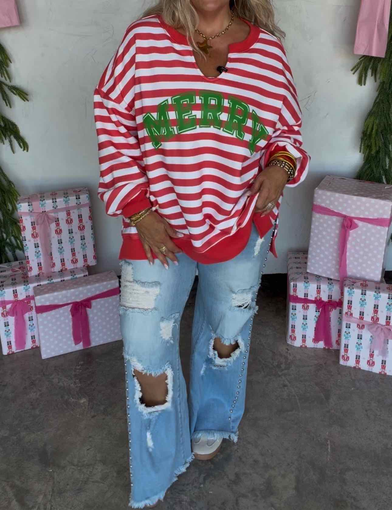 PREORDER! Striped Christmas Holiday Oversized Sweat Shirt Top