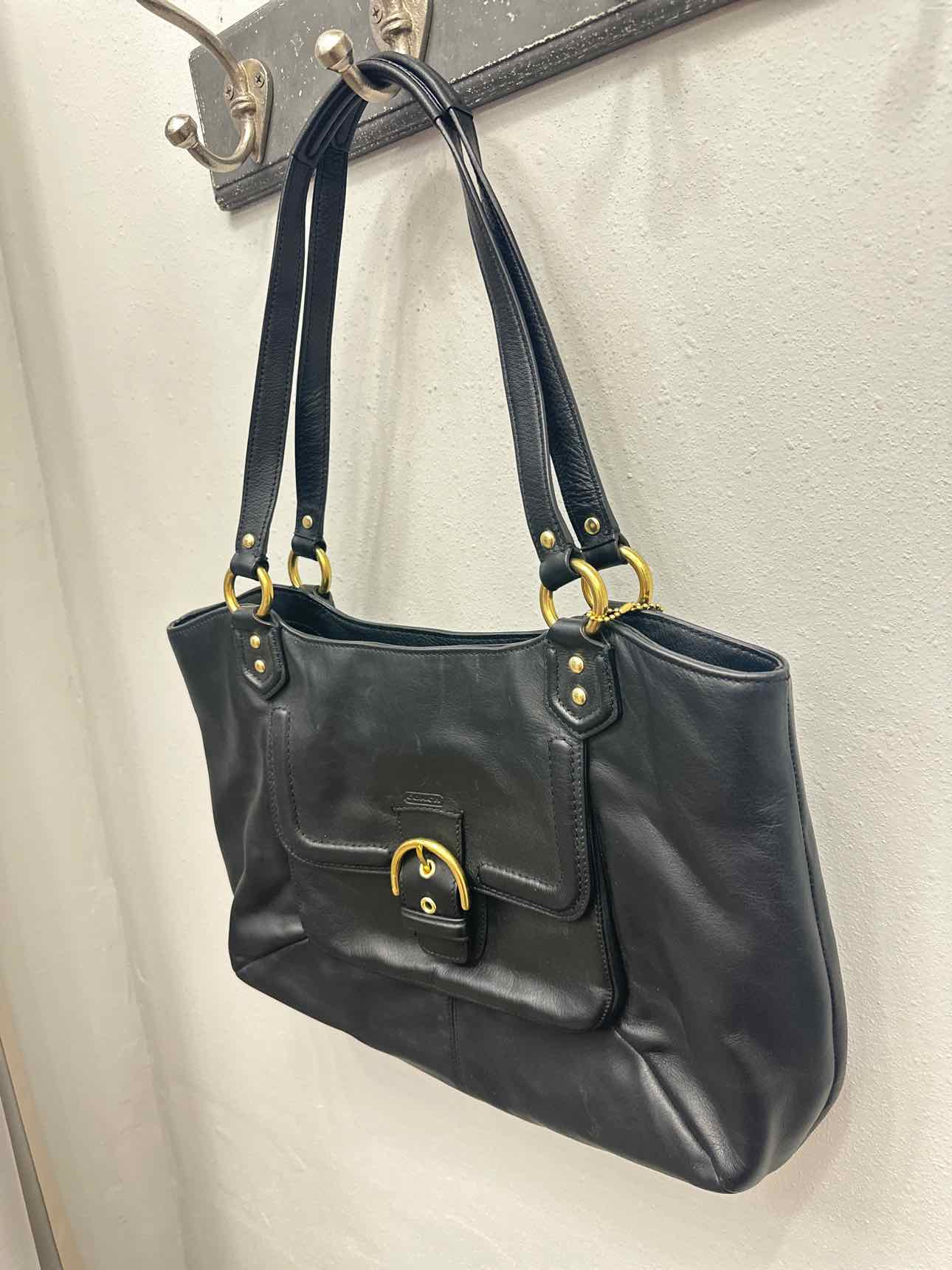 Coach Campbell Belle Carryall Leather Shoulder Bag with Buckle Black Handbags