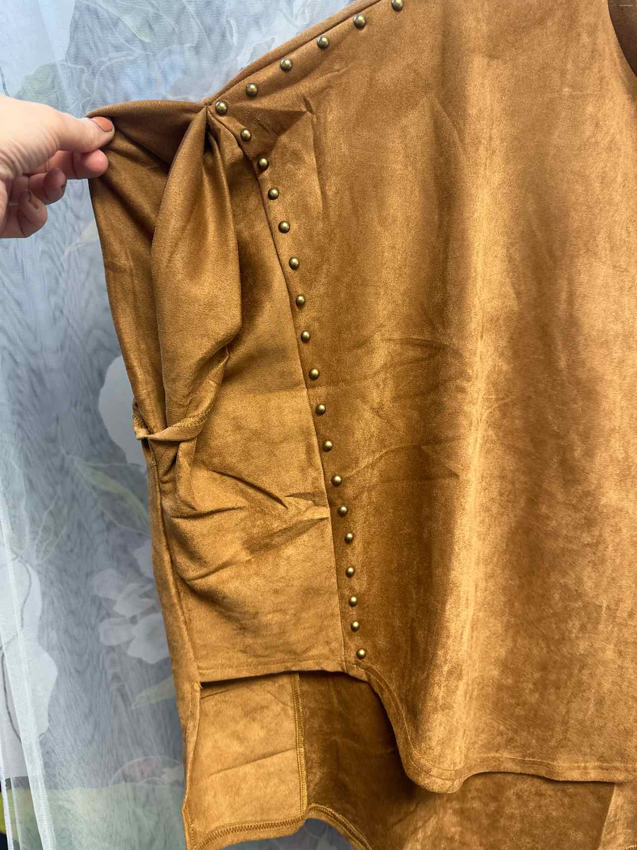 Blue B Studded High Low Oversized Suede-Like Fabric Short Sleeve Camel Top