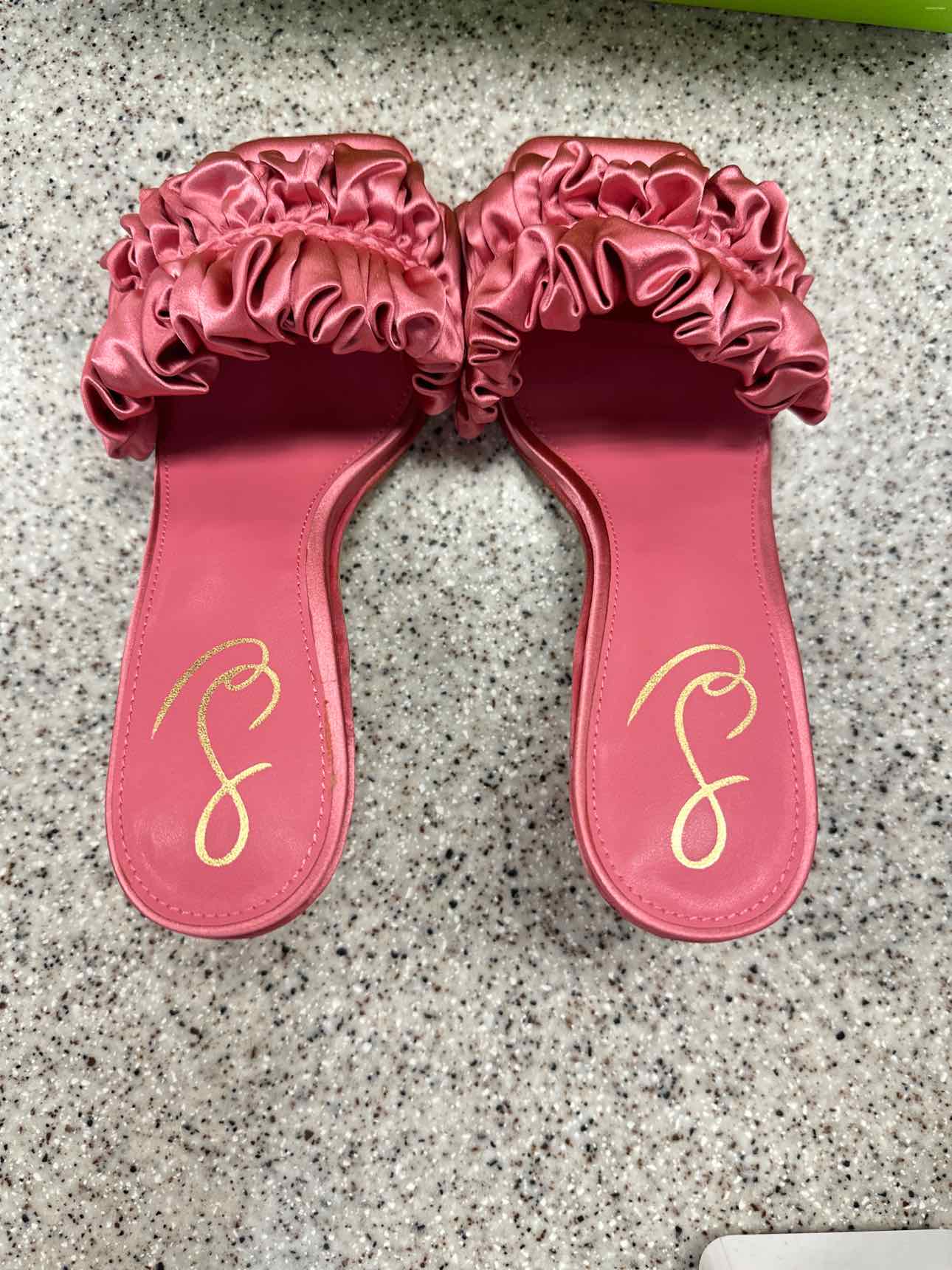 Sam Edelman Size 7 1/2 Kady Carmine Rose Ruched Ruffles Square Toe Mules Sandals
