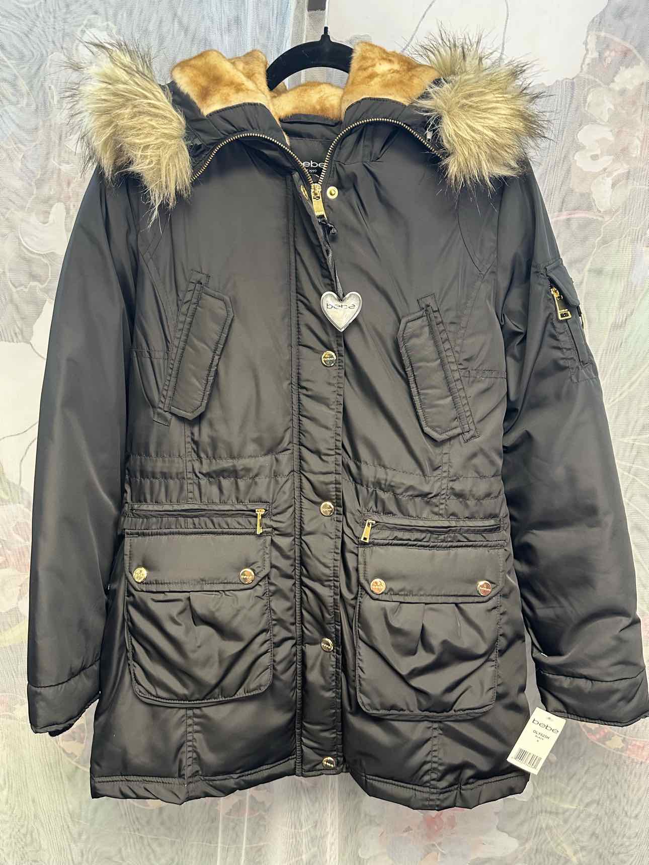 bebe NEW NWT Faux Fur Lined Multipocket Parka Small Black Zip Up Puffer Coat