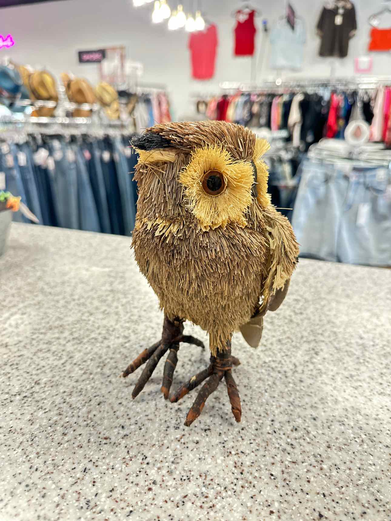Rustic Owl Figure, made of natural Raffia, Straw, and Wood Home Decor
