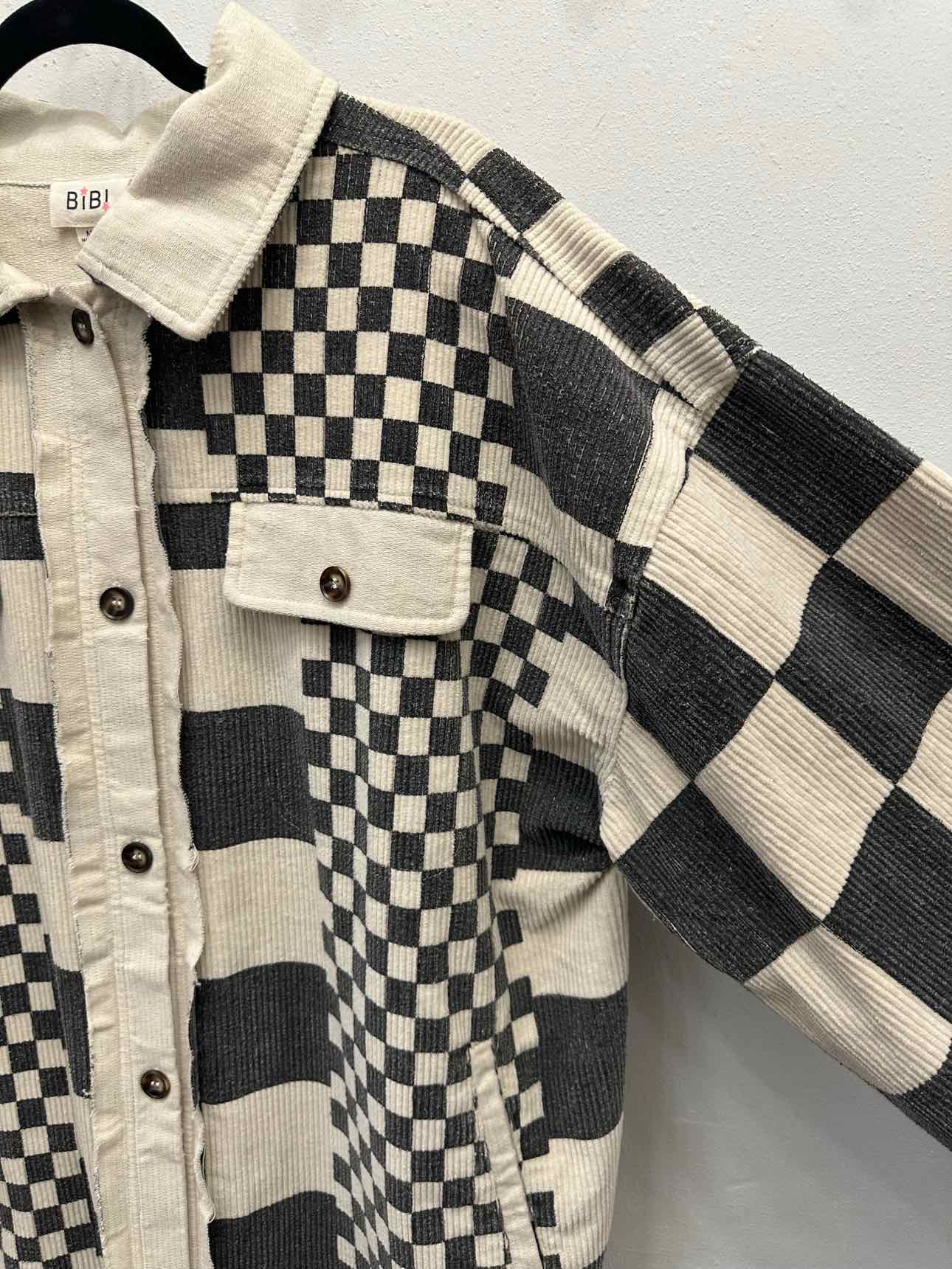 Bibi Oversized Ribbed Checkered Patchwork Button Down Medium White/Grey Shacket