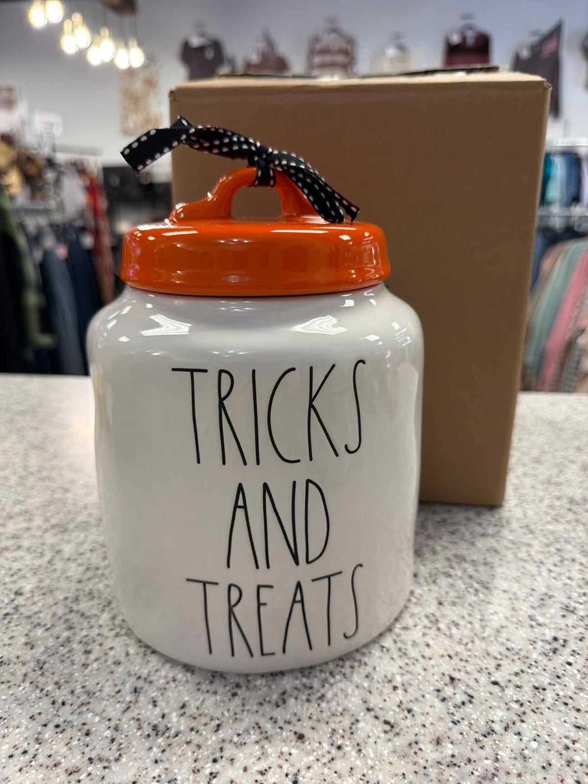 Rae Dunn NEW "Tricks and Treats" Halloween Ceramic Cookie Jar and Lid Household