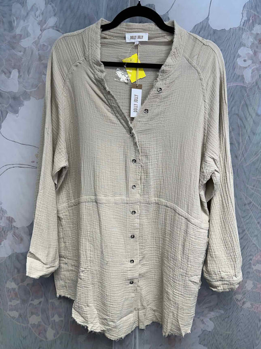 Dolly Jolly Textured Long Sleeve Button Down Lightweight Size Small Tan Top