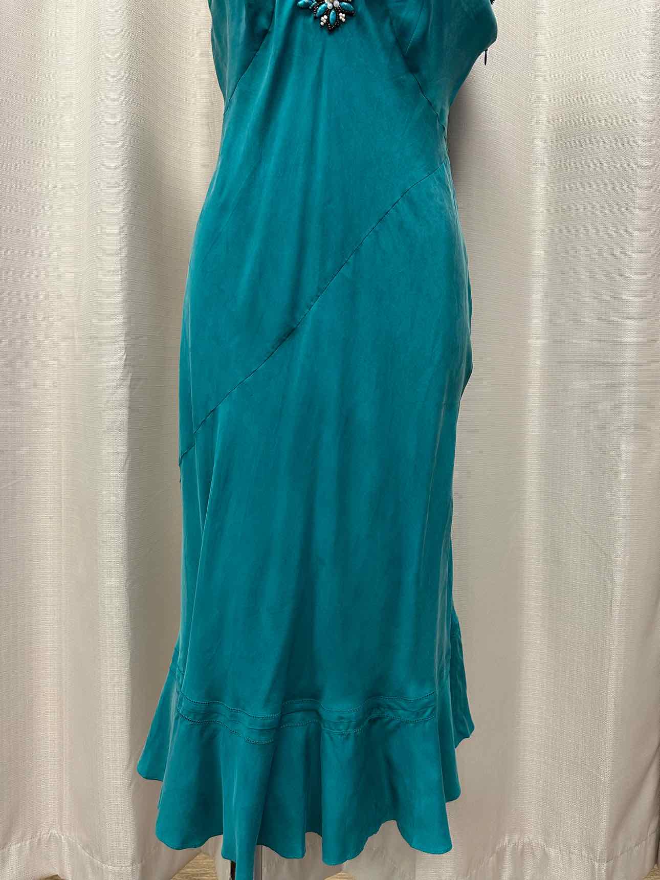 Karen Millen NEW NWT 100% Silk Beaded V-Neckline Short Sleeve Size 10 Teal Dress