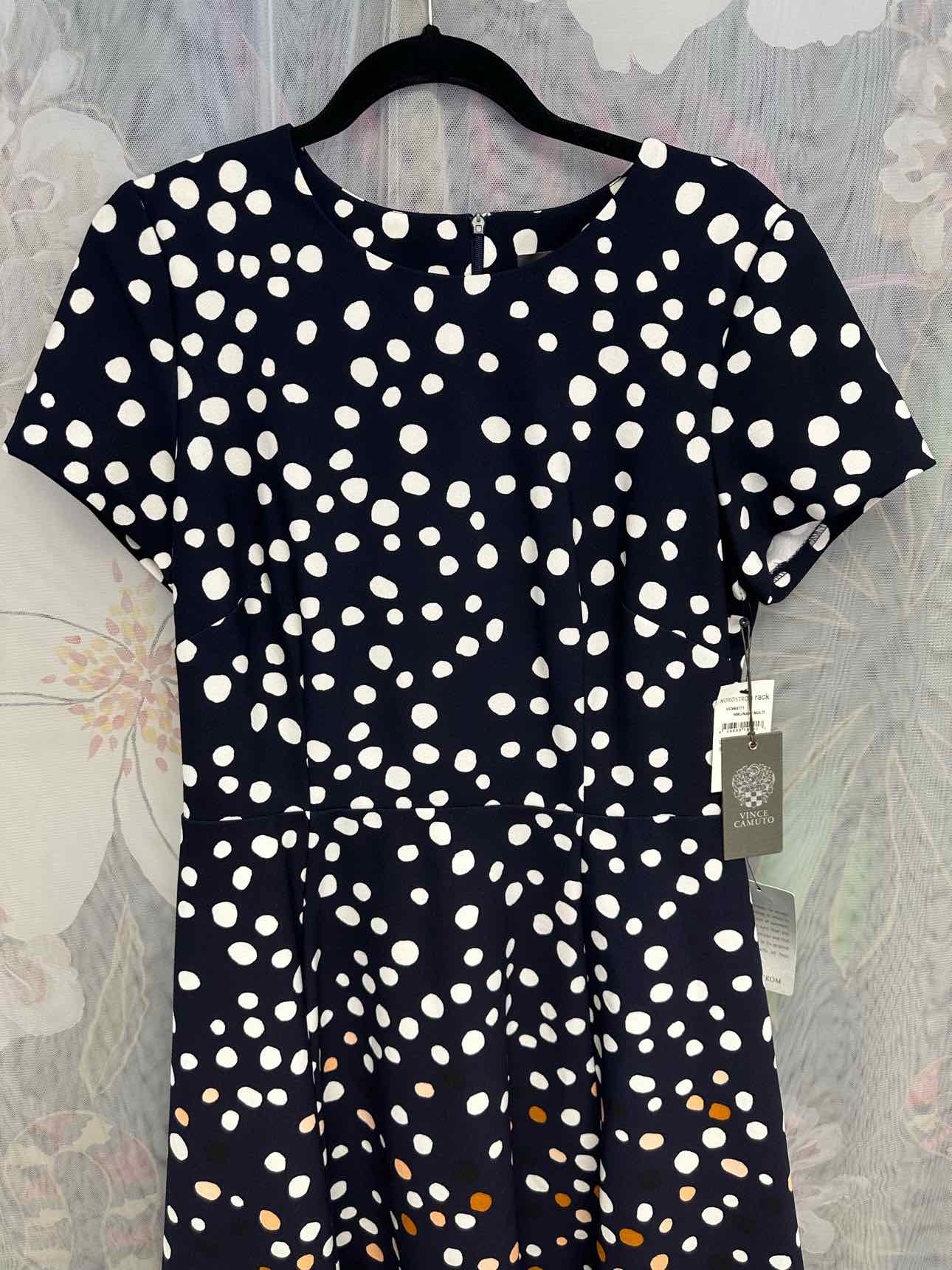 Vince Camuto NEW NWT Dot Print Pleated Short Sleeve Size 12 Navy/White Dress