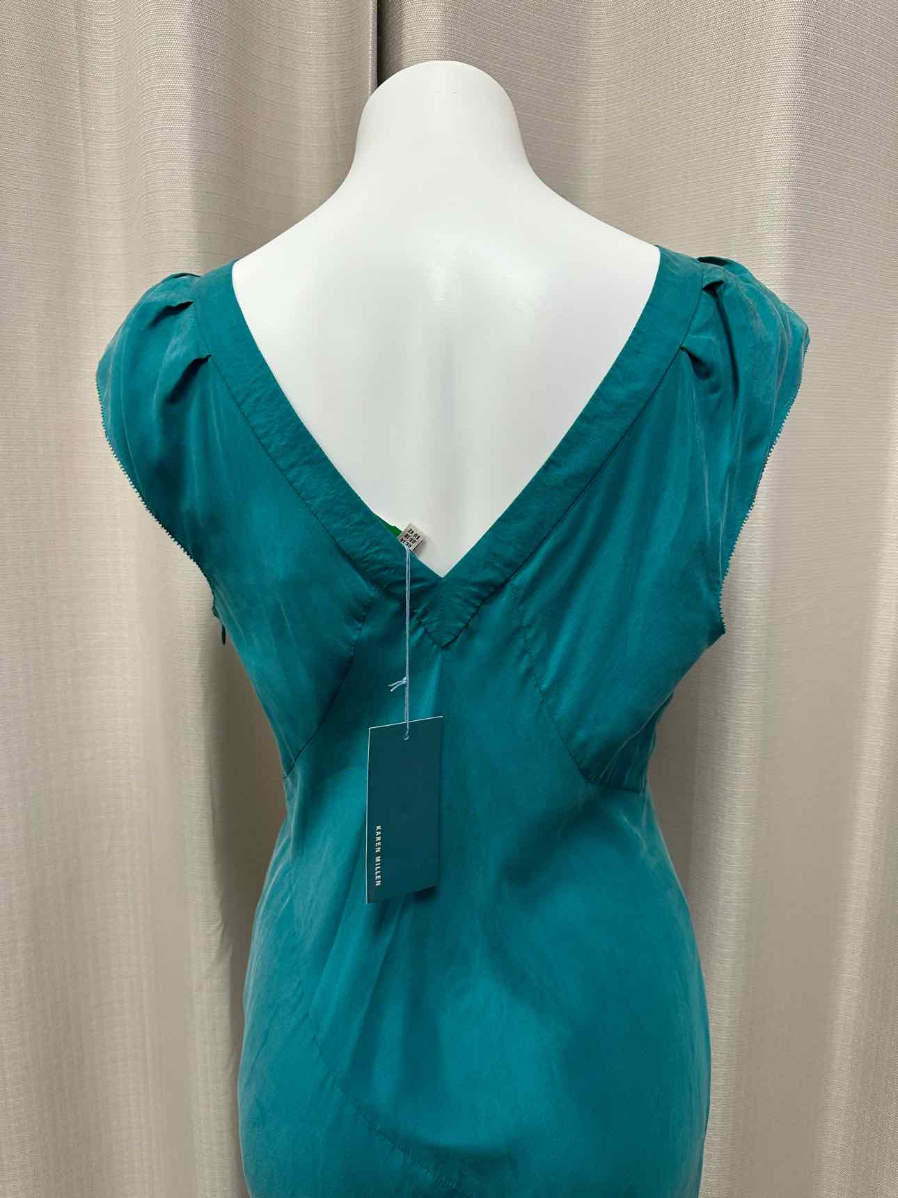 Karen Millen NEW NWT 100% Silk Beaded V-Neckline Short Sleeve Size 10 Teal Dress