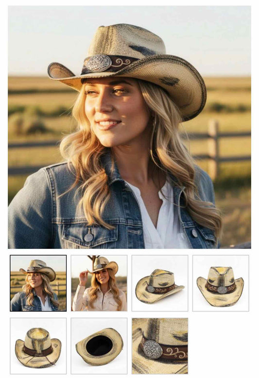 Antique Wash Straw Cowboy Hat With Orate Oval Buckle & Vegan Leather Band