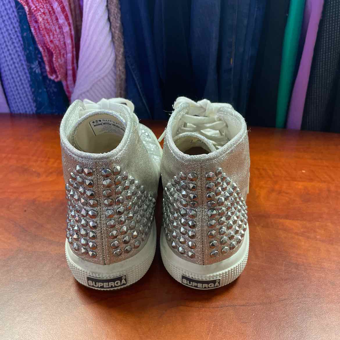 Superga 2095-LameStud Silver Stud Hi-Top Sneakers Size 5 1/2