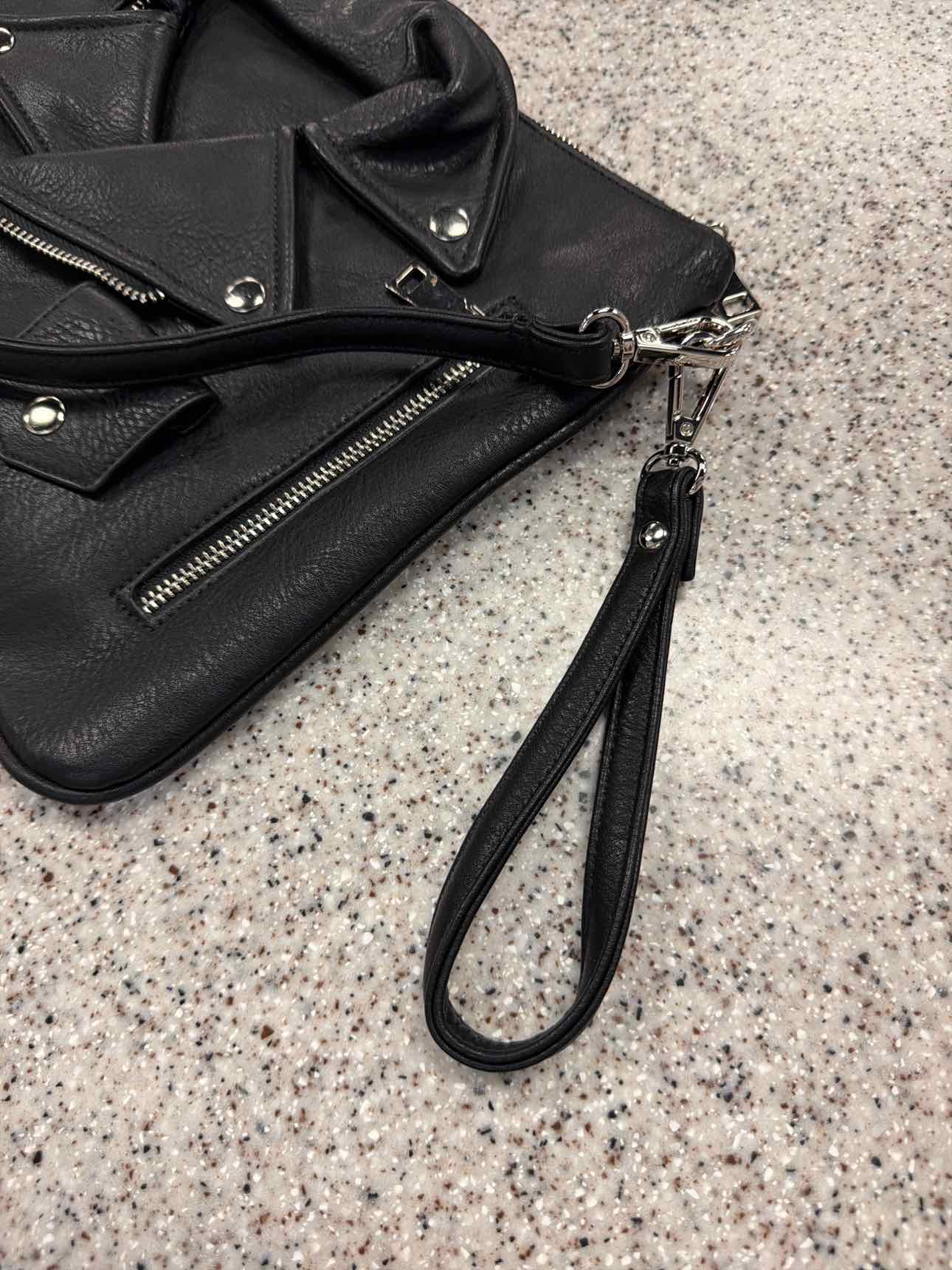 Moto Biker Jacket Crossbody Wristlet Strap Faux Leather Black Clutch
