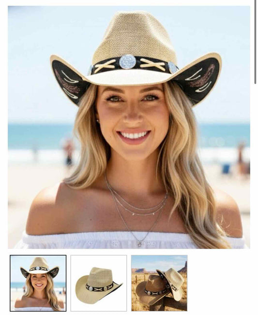 Straw Cowboy Hat With Suede Under-Brim & Embroidered X-Lace & Concho Brim