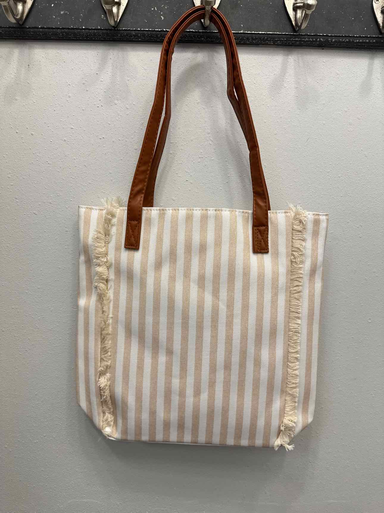 Stripe Canvas Tote Bag With Fringe Detail & Vegan Leather Handles