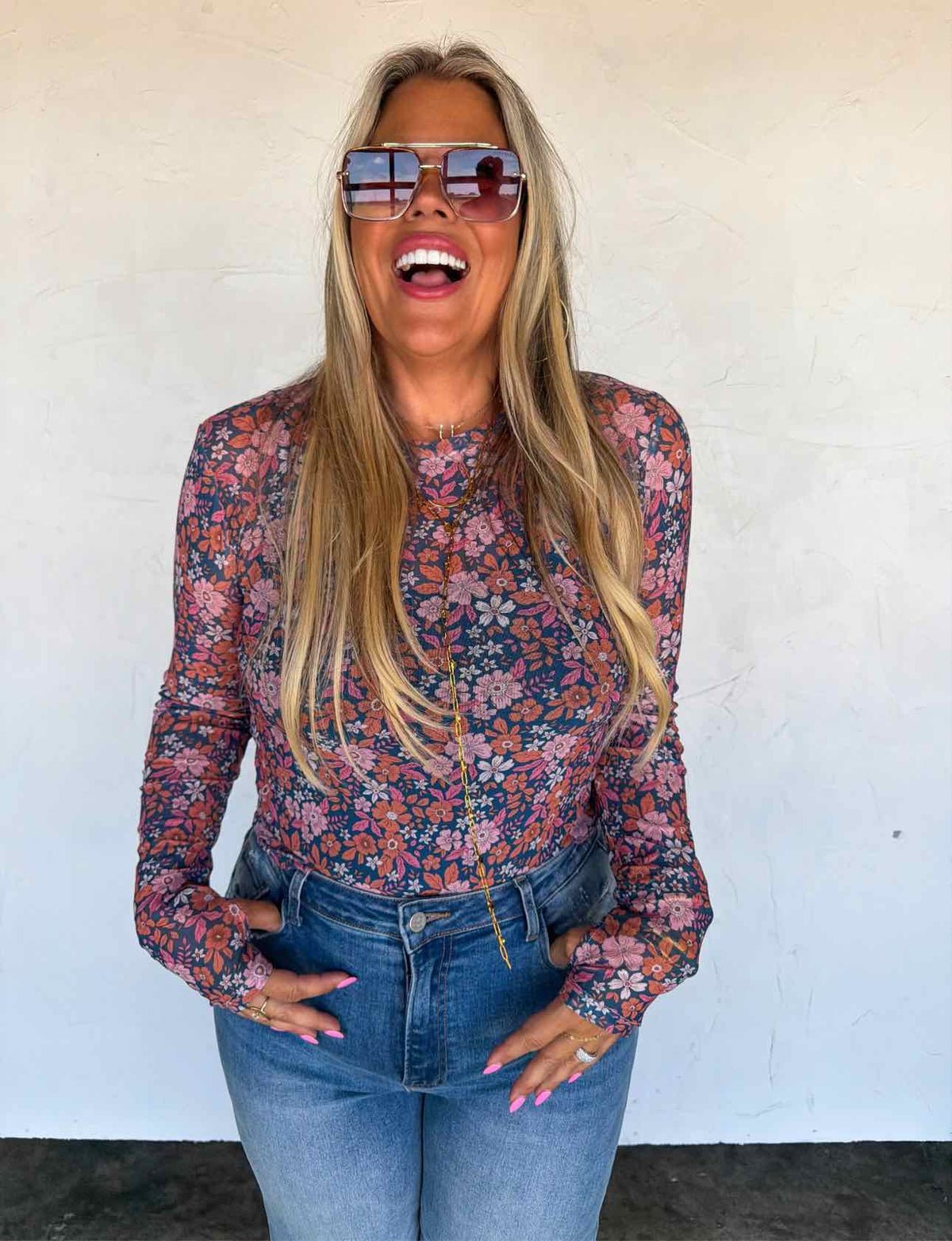 Fall Flower Dress It Up Mesh Long Sleeve Top