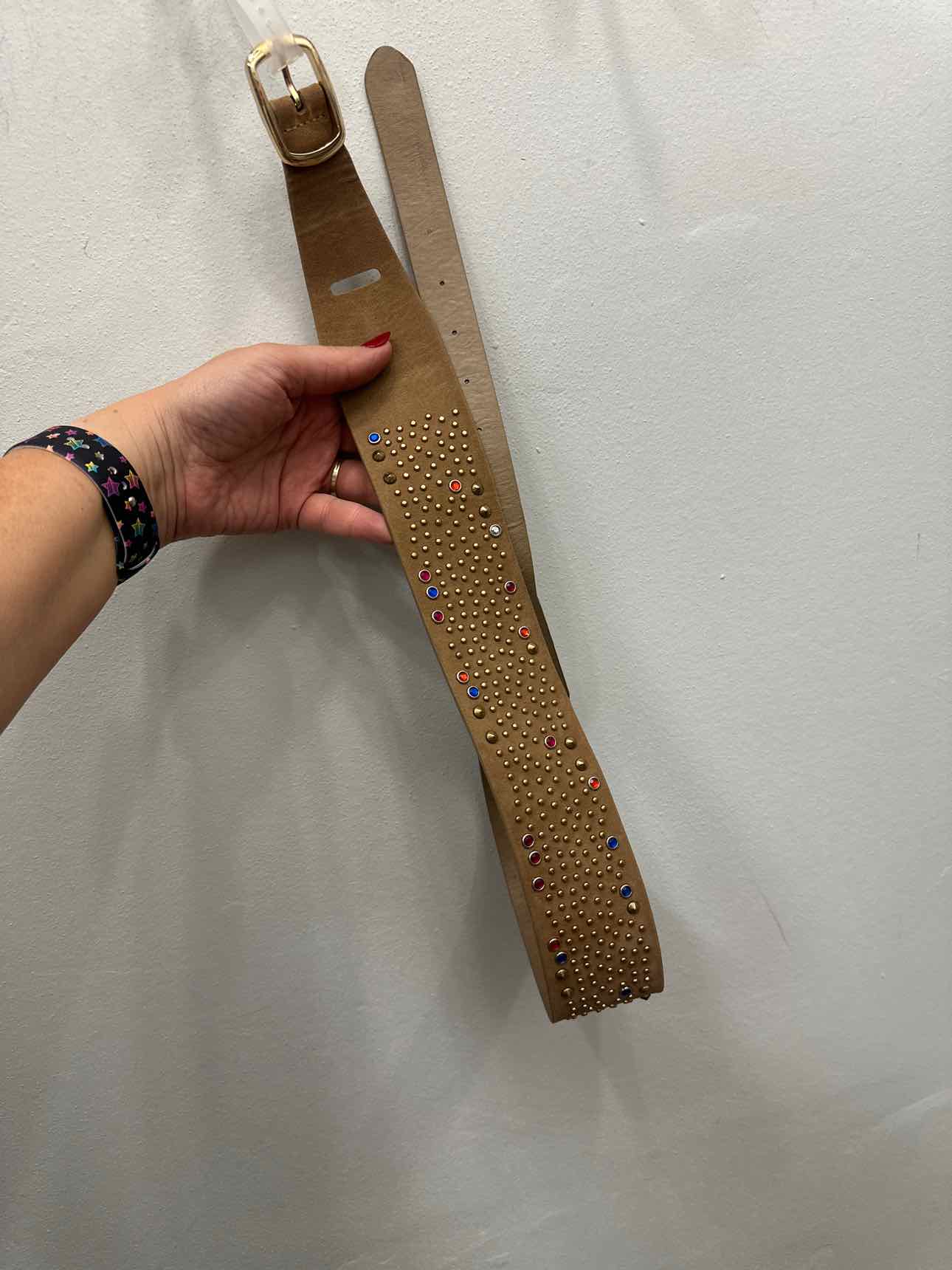 NEW gold stud multi-color rhinestone 2-1/4" wide Size S/M Brown Belt