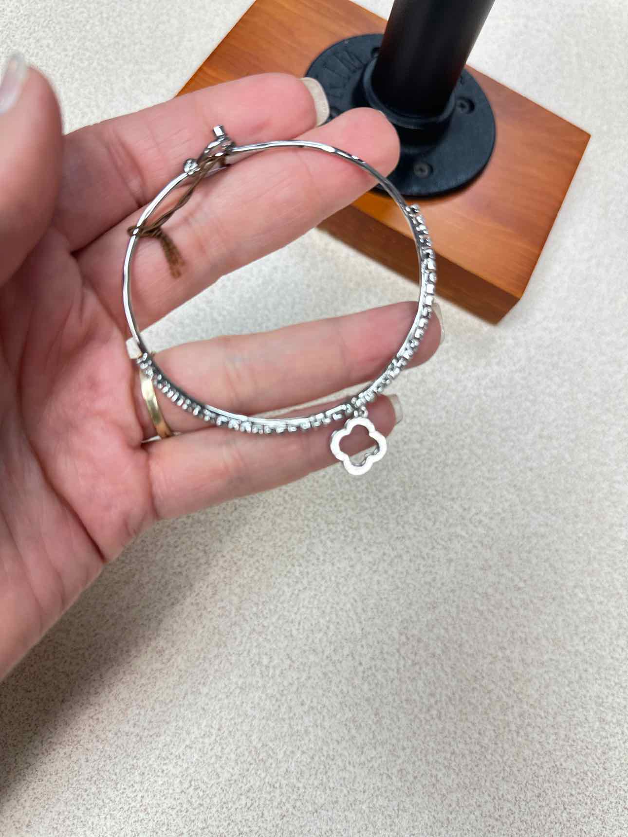 Crystal Clover Charm Hook Silver-Tone Bracelet