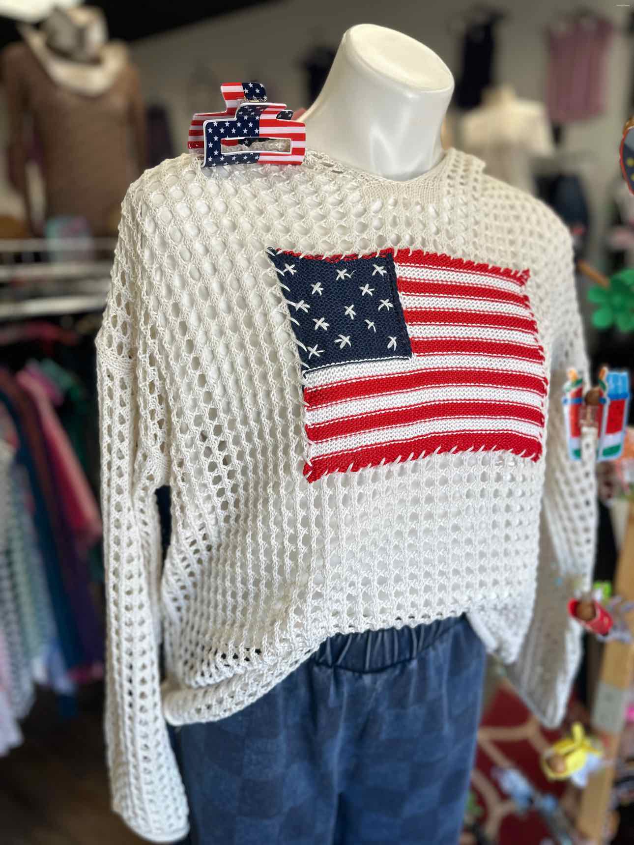 Freedom Flag Patch Crochet Pullover Patriotic 4th of July Flag Hoodie