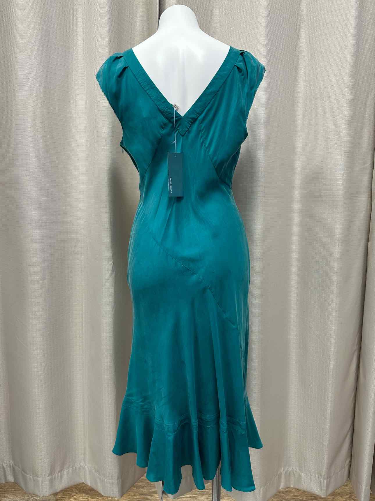 Karen Millen NEW NWT 100% Silk Beaded V-Neckline Short Sleeve Size 10 Teal Dress