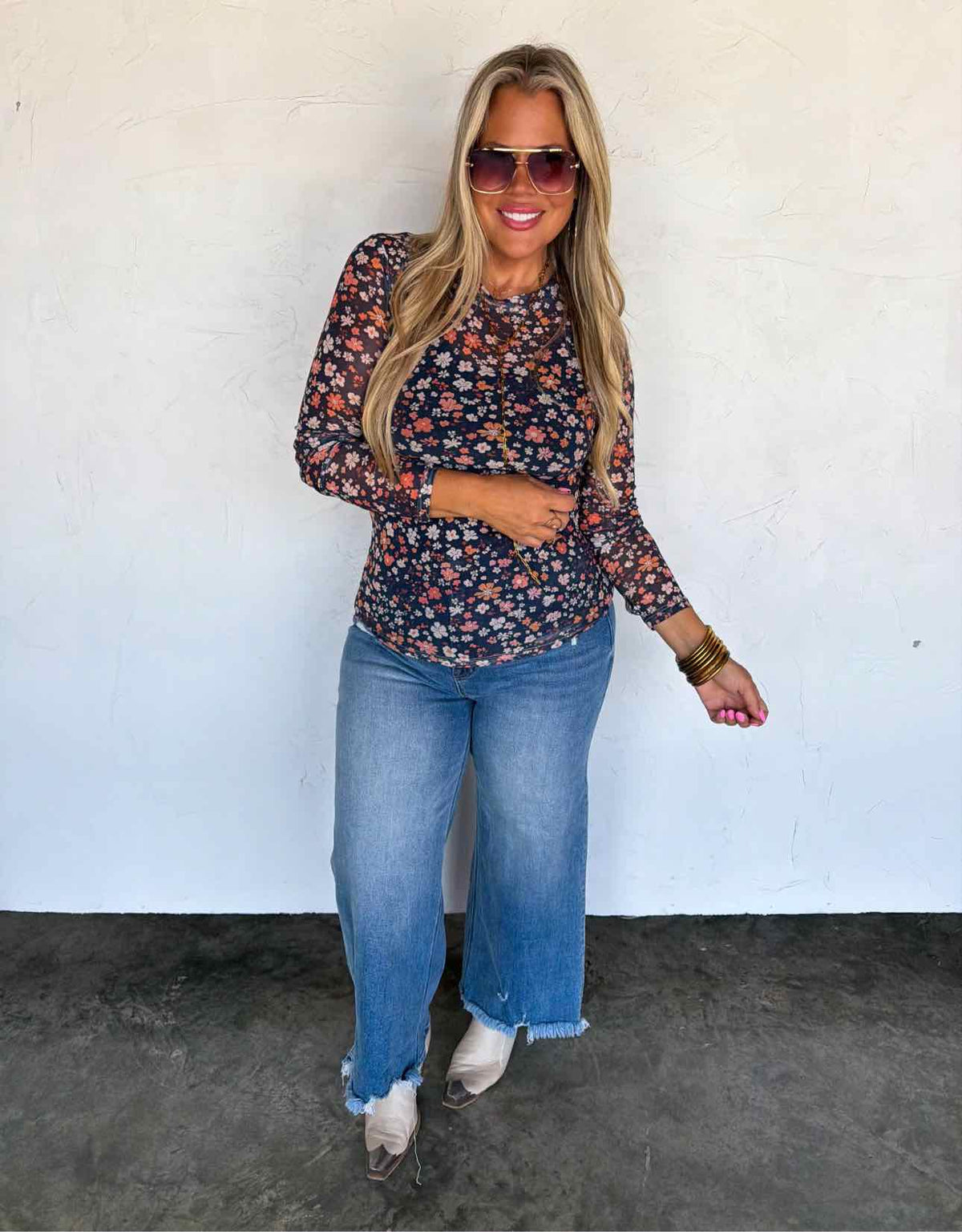 Fall Flower Dress It Up Mesh Long Sleeve Top