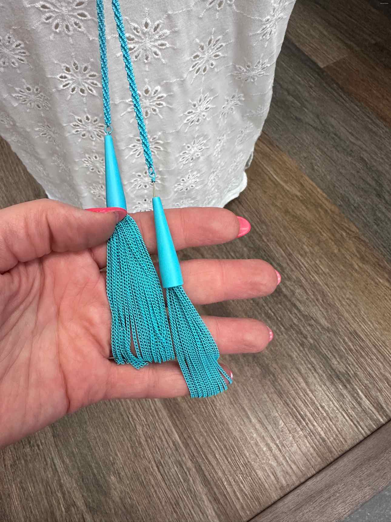 Kendra Scott Phara Matte Aqua Lariat Tassel Fringe Braided Rope Necklace