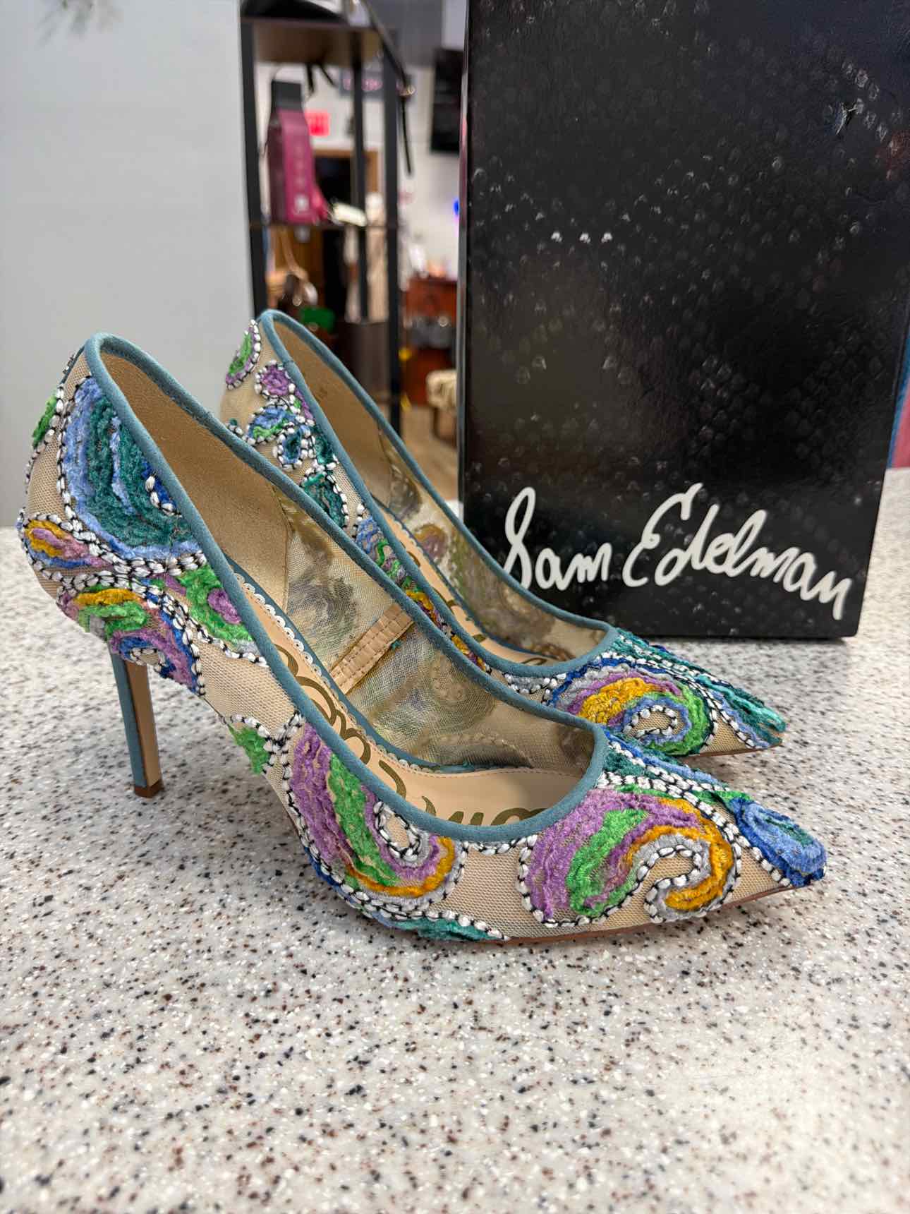 Sam Edelman NEW Hazel Pointed Toe Stiletto Pumps Embroiderd size 10 Blue Teal