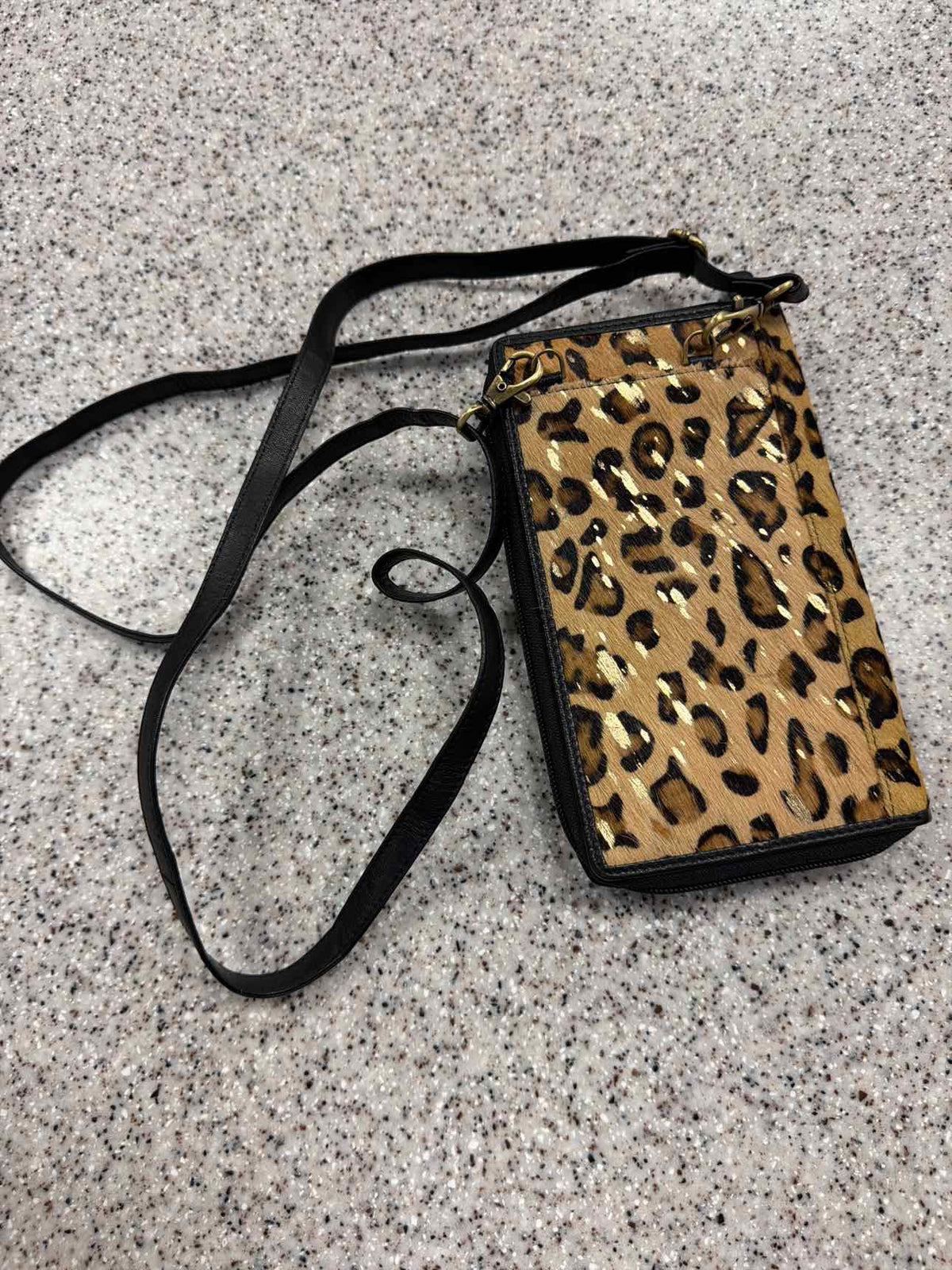 Faux Fur Cheetah Print and Black Leather Trim Crossbody Handbag