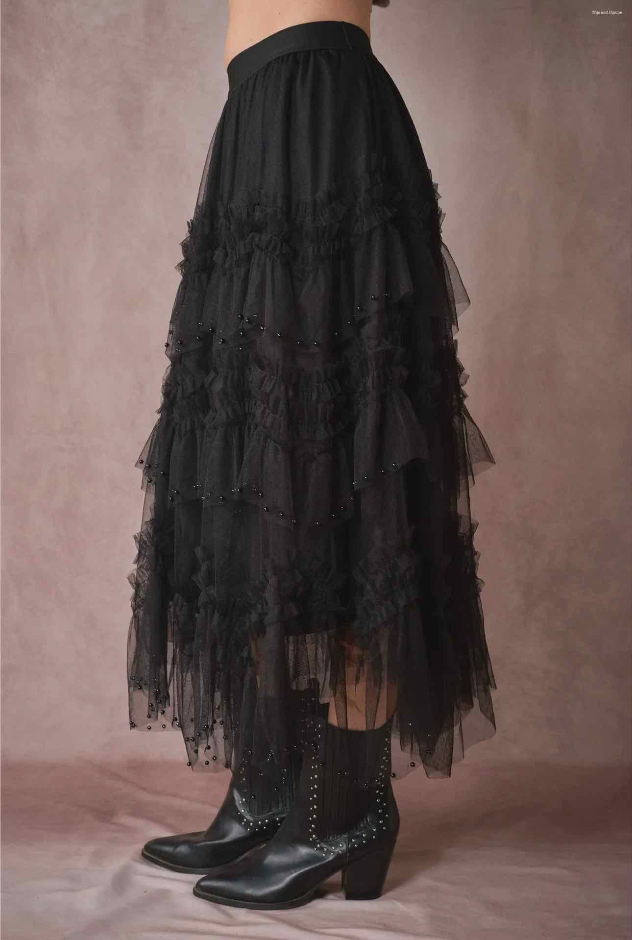 Country Blooming Lace Black Beaded Maxi Skirt