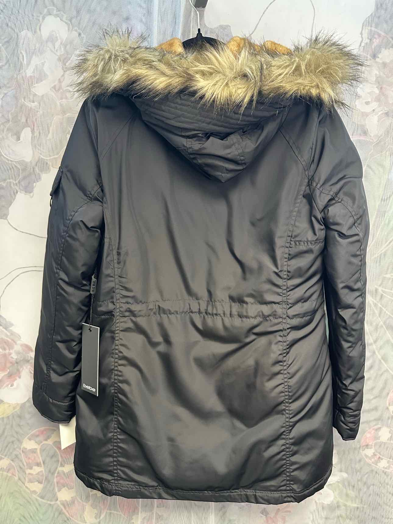bebe NEW NWT Faux Fur Lined Multipocket Parka Small Black Zip Up Puffer Coat