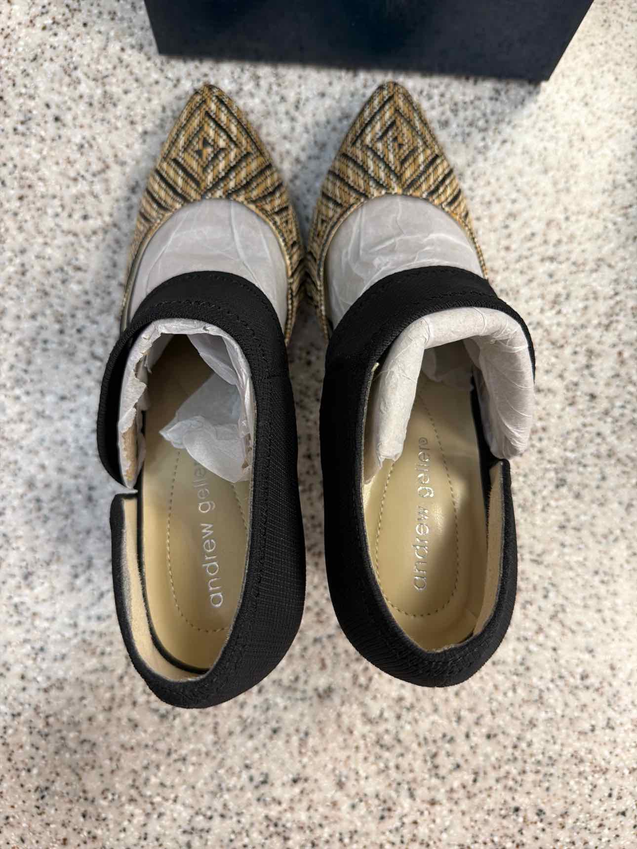 Andrew Geller Size 9 NEW Women's Geometric Woven Stretchy Strap Black Tan sandal